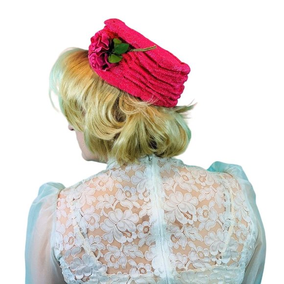 Vintage 1960s Pillbox Hat Hotpink Floral Round Hat
